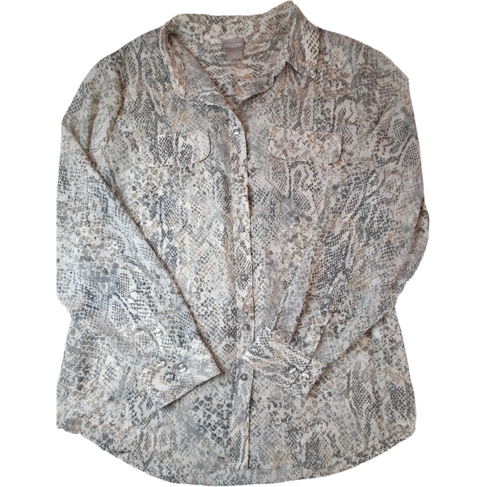Chico's Snakeskin Blouse Women size 1 (8/10) Grey Animal Print Button Front